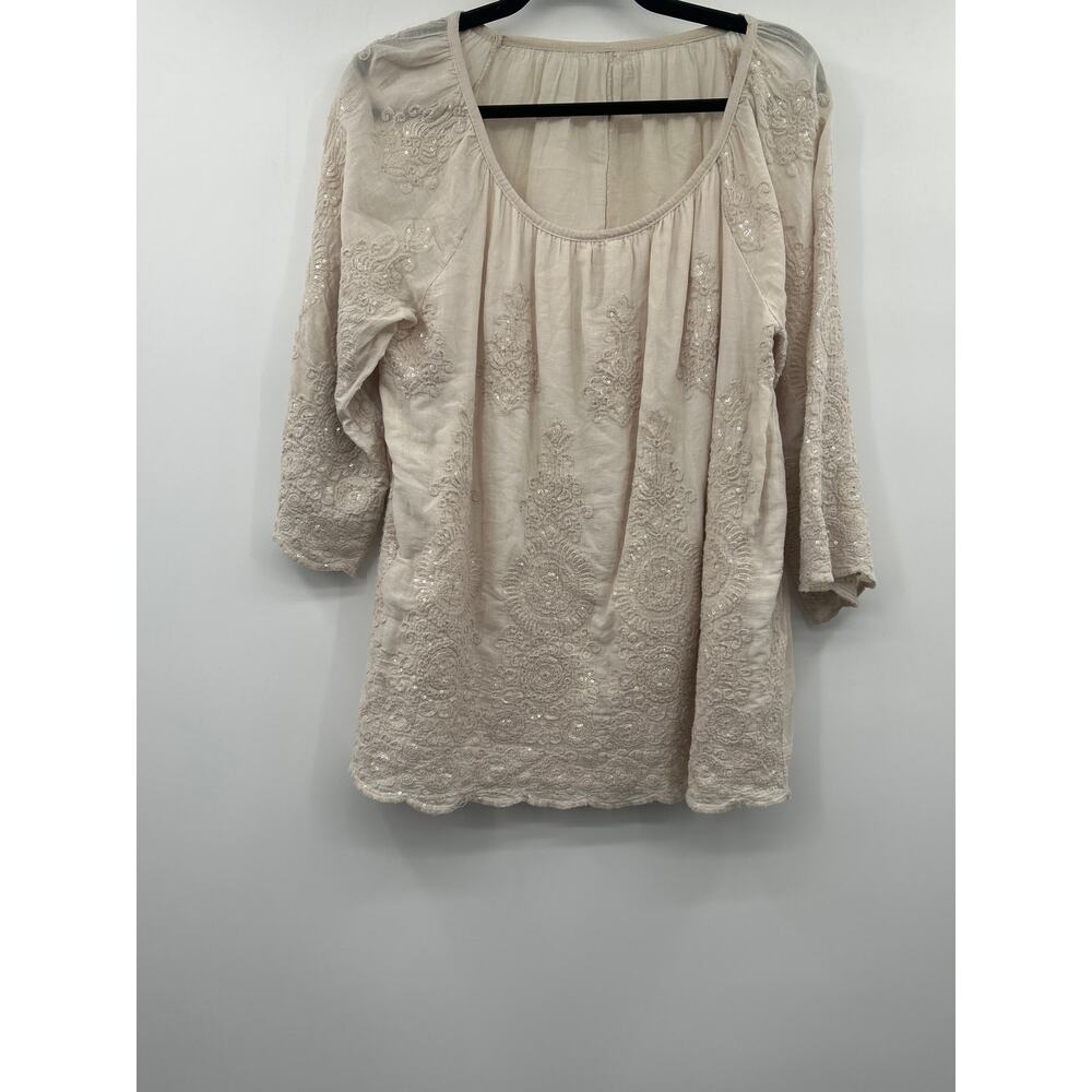 Belle France Women’s Boho Sequin Cream Embroidered Top Size M Boho Coastal Flowy